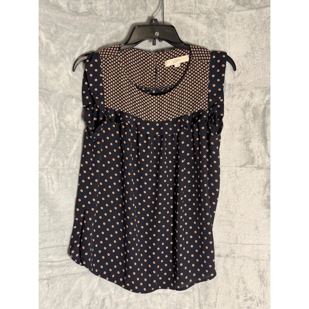 Loft Navy Blue Polka Dot Ruffle Sleeveless Blouse Top womens Small Boho